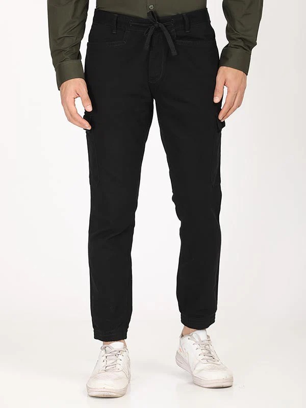 Indian Terrain Men's Comfort Fit Solid Black Trousers